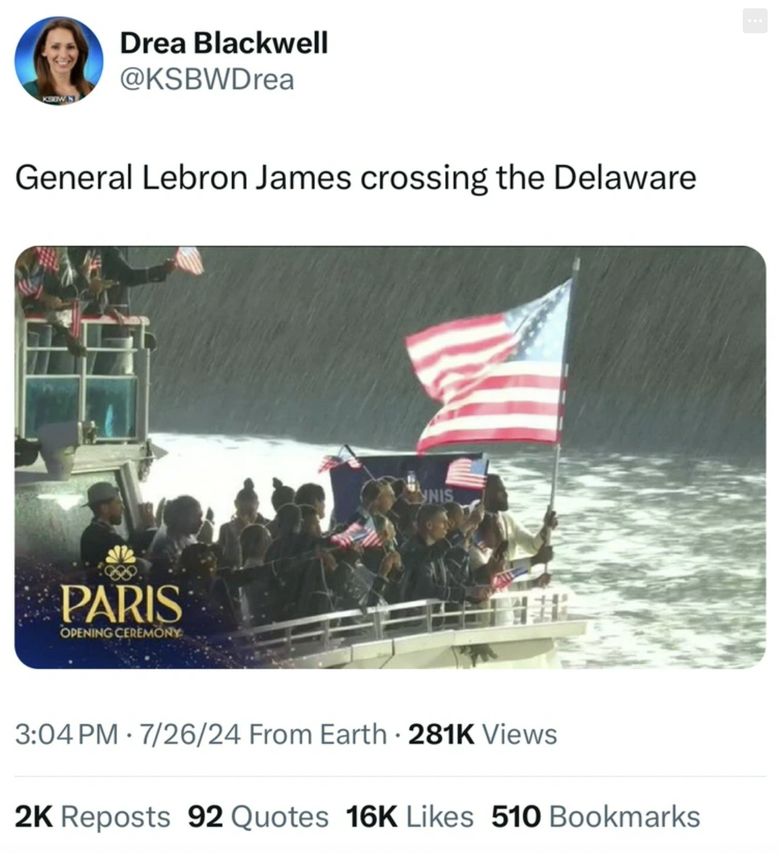 Internet meme - Drea Blackwell General Lebron James crossing the Delaware Paris Opening Ceremory 72624 From Earth Views 2K Reposts 92 Quotes 16K 510 Bookmarks